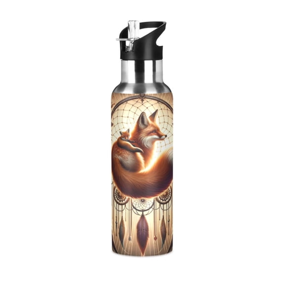 Water Bottles 34oz Straw Lid Wide Mouth Stainless Steel for School Sport Travel Foxes Flower Ring Feathers