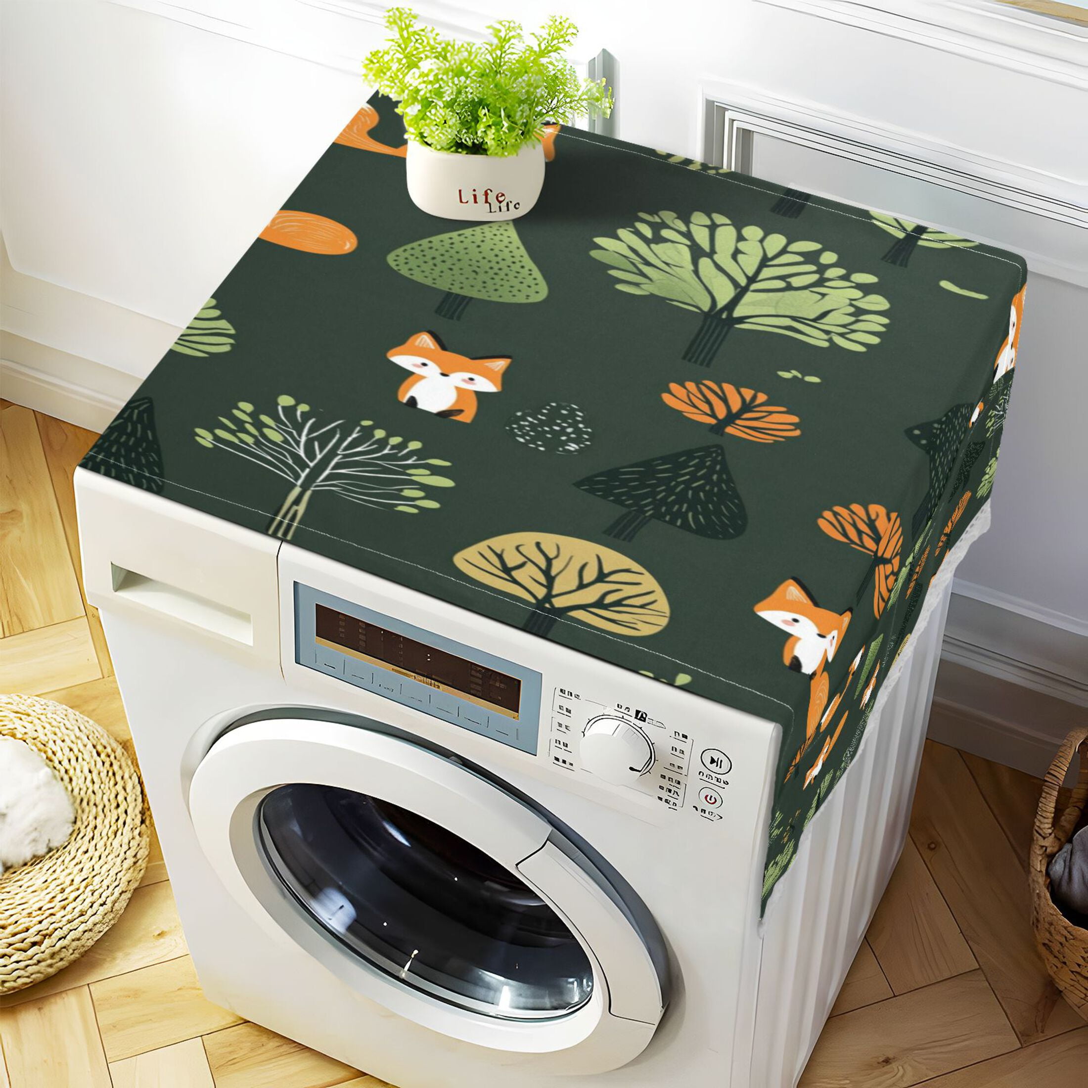 Foxes in The ForestWasher and Dryer Covers Dust-Proof and Oil Resistant Fridge Cover with 4 Storage Pockets Washing Machine Top Cover for Laundry Kitchen Home 51.2 x 22 In