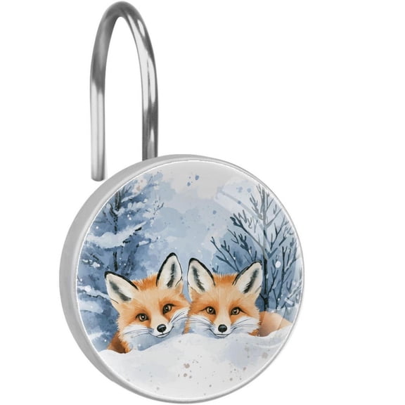 Foxes Hides on the Snow Shower Curtain Hooks Round Crystal Glass, Set of 12 Shower Curtain Rings - Shower Hooks for Curtain Shower Rings