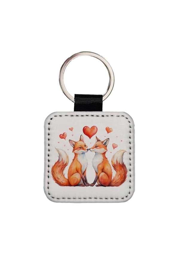 Foxes In Love With Hearts Valentine's Day Faux Leather Square Keychain
