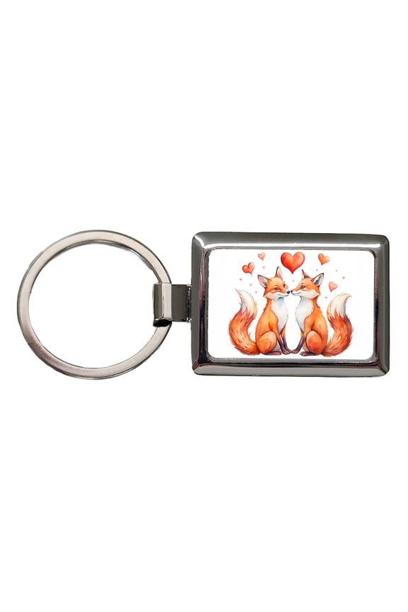 Foxes In Love With Hearts Valentine's Day Metal Rectangle Keychain