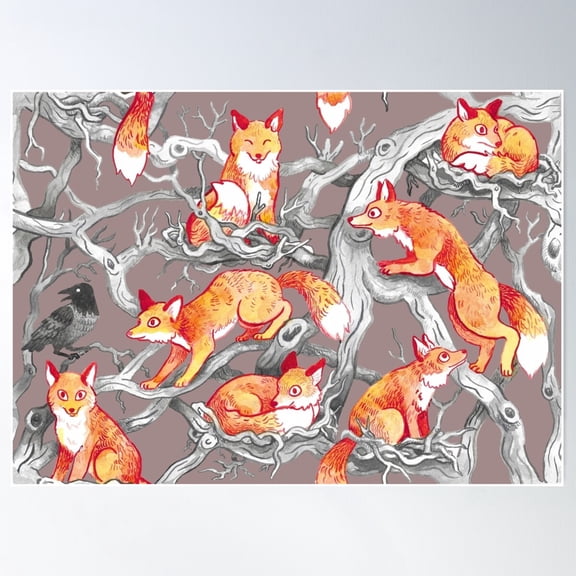 Foxes In Trees - Brown Poster Wall Art, Modern Wall Decor For Living Room Bedroom, 8x12 UNFRAMED