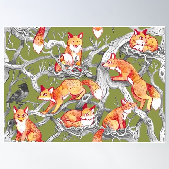 Foxes In Trees - Olive Green Poster Wall Art, Modern Wall Decor For Living Room Bedroom, 24x36 UNFRAMED