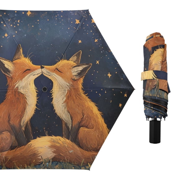 Foxes Kiss under Starry Night Valentine All Weather Umbrella Triple Folding Parasol 6 Ribs UV Protection Portable