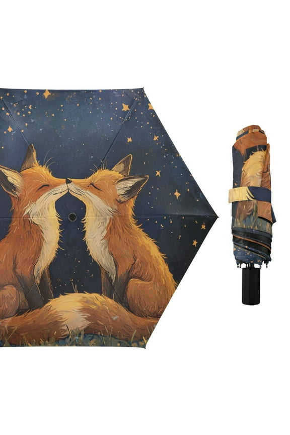 Foxes Kiss under Starry Night Valentine All Weather Umbrella Triple Folding Parasol 6 Ribs UV Protection Portable