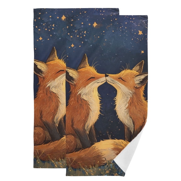 Foxes Kiss under Starry Night Valentine Hand Towel Absorbent Bath Towels for Bathroom Sports Gym 28" x 14" Set of 2