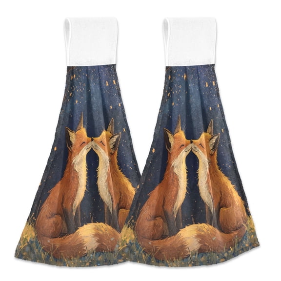 Foxes Kiss under Starry Night Valentine Hanging Towels with Loop Hand Towels Nylon Fastener Tape Design Dish Cloths 2 Pieces