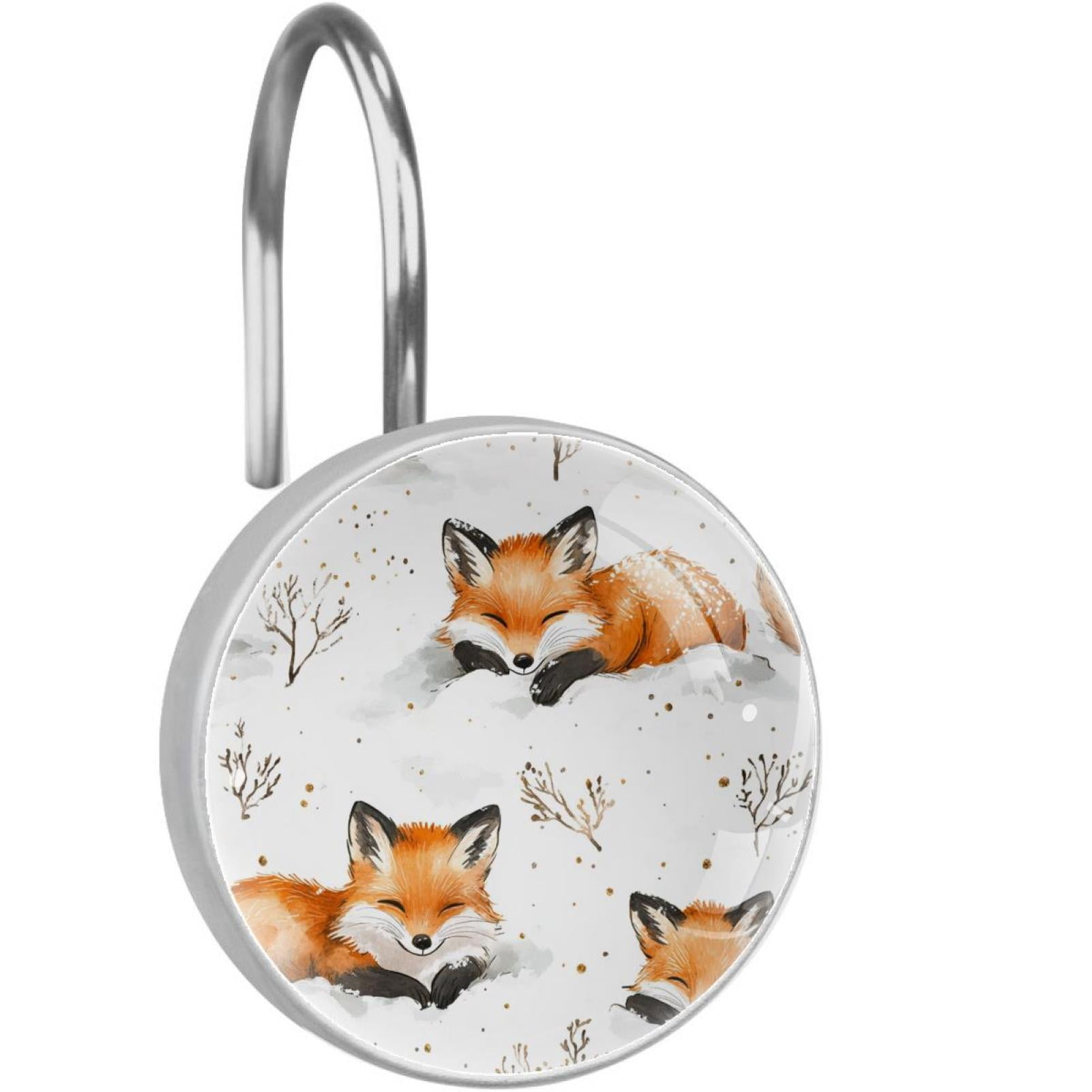 Foxes Laying on Snow Shower Curtain Hooks Round Crystal Glass, Set of 12 Shower Curtain Rings - Shower Hooks for Curtain Shower Rings