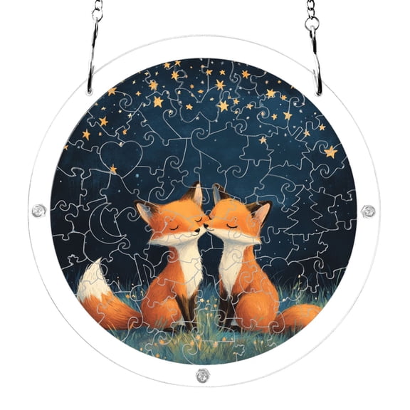 Foxes Lean Together on Meadow Acrylic Jigsaw Puzzles 83 Pieces Suncatcher for Window Hanging 7.5 Inch Holiday Home Decor