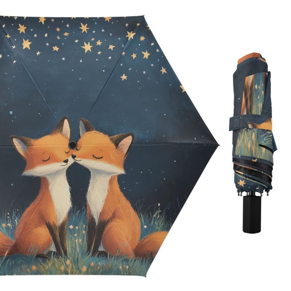 Foxes Lean Together on Meadow All Weather Umbrella Triple Folding Parasol 6 Ribs UV Protection Portable
