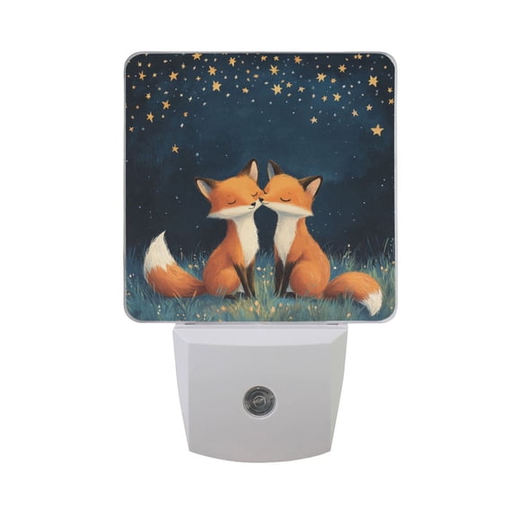 Foxes Lean Together on Meadow LED Night Light with Smart Sensor Plug Into Wall Dusk to Dawn 2 packs