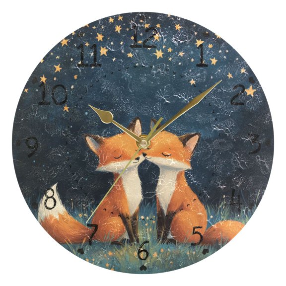 Foxes Lean Together on Meadow Round Wall Clock Silent Analog Battery Operated Gold Pointer Home Decor 9.84" Diameter