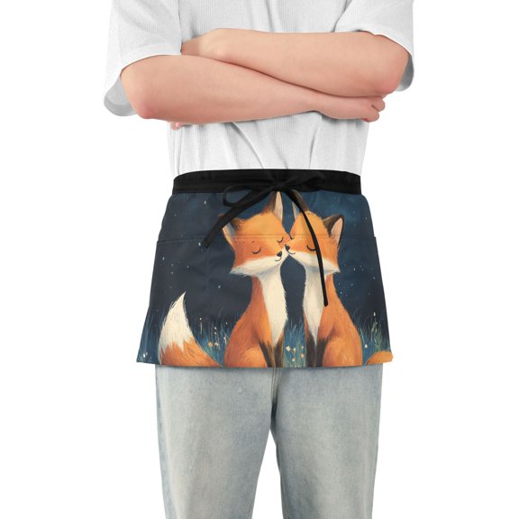 Foxes Lean Together on Meadow Short Server Apron with 3 Pockets for Unisex Chef Gardening