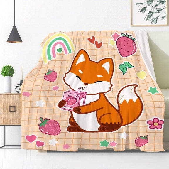 Foxes with Milk Blanket, Strawberry Milk Blanket for Women men Gifts, Ultral Soft Cozy Warm Cute Animal Flannel Fleece Suit for Sofa, Couch, Bed, Travel, Sofa 50"x40" S Blanket for Users/Child
