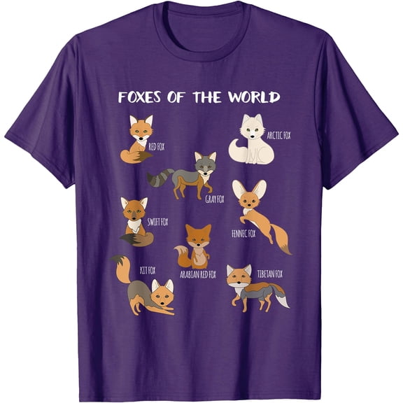 Foxes Of The World Funny Fox Animals Educational Unisex T-Shirt for Men Women Kids,Purple Color,Size M