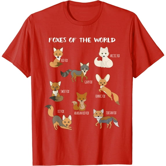 Foxes Of The World Funny Fox Animals Educational Unisex T-Shirt for Men Women Kids,Red Color,Size XL