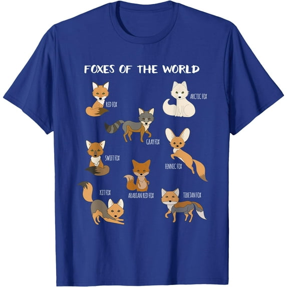 Foxes Of The World Funny Fox Animals Educational Unisex T-Shirt for Men Women Kids,Royal Blue Color,Size YXL