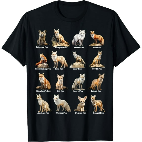 Foxes Of The World Funny Fox Animals Educational design T-ShirtMen and women can wear, black T-shirts, gifts. Age: M,L，XL 2XL, 3XL, 152XL
