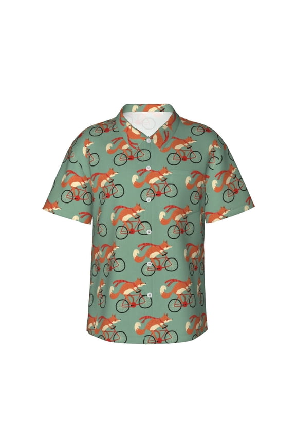 Foxes On Bicycle Men'S 3d Print Casual Button Down Shirts, Novelty Hawaiian Short Sleeves Xl