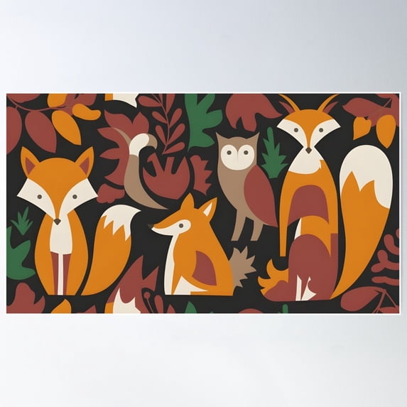 Foxes And Owl In The Magic Forest Iphone Case | Whimsical Woodland Animal Design Poster Wall Art, Modern Wall Decor For Living Room Bedroom, 16x24 UNFRAMED