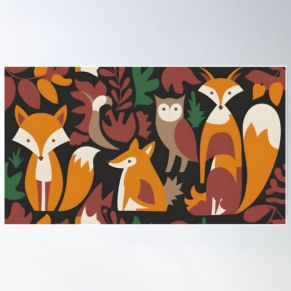 Foxes And Owl In The Magic Forest Iphone Case | Whimsical Woodland Animal Design Poster Wall Art, Modern Wall Decor For Living Room Bedroom, 24x36 UNFRAMED