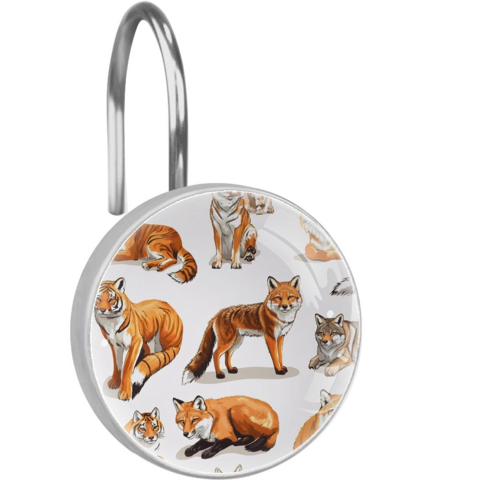 Foxes Tigers Wolf Shower Curtain Hooks Round Crystal Glass, Set of 12 Shower Curtain Rings - Shower Hooks for Curtain Shower Rings