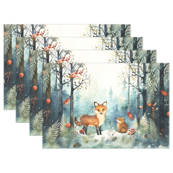 Foxes Trees Forest Flowers 12×18 inch Placemats Heat Resistant Washable Foldable Rectangular Placemats Set Decoration Indoor Outdoor for Kitchen Dining Table 4PCs