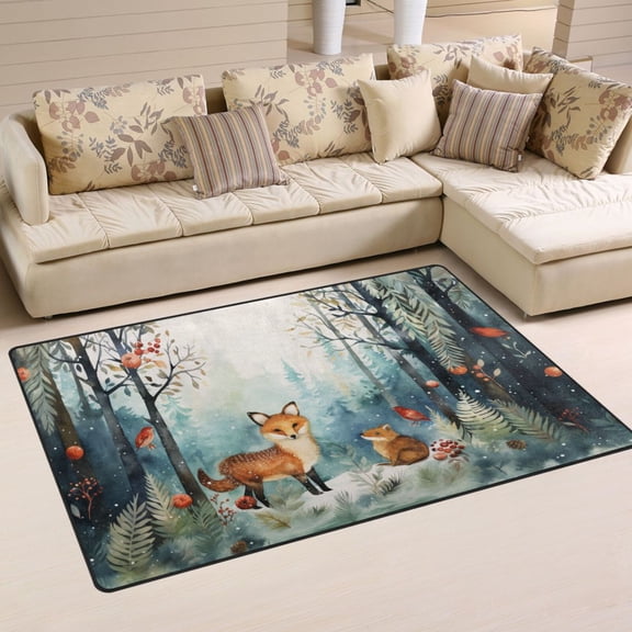 Foxes Trees Forest Flowers Area Rug Washable Floor Carpet Mat 60 x 39 inch for Bedroom Living Room Kids Room Home Decor