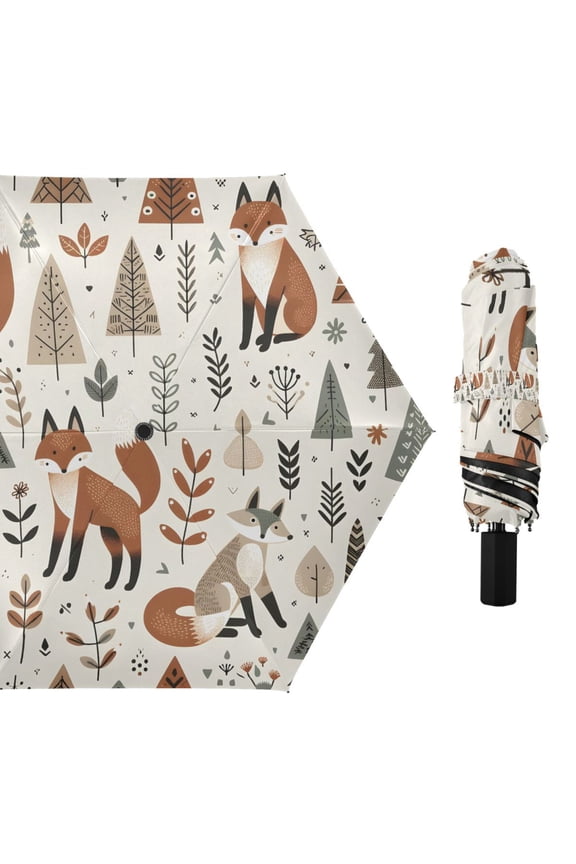 Foxes Trees Leaves Compact Sun Umbrella Windproof Travel Umbrellas for Rain Strong Portable UV Protection