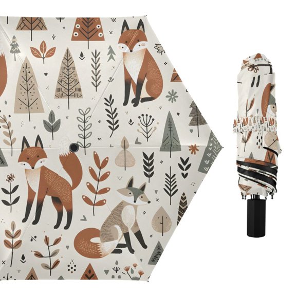 Foxes Trees Leaves Compact Sun Umbrella Windproof Travel Umbrellas for Rain Strong Portable UV Protection