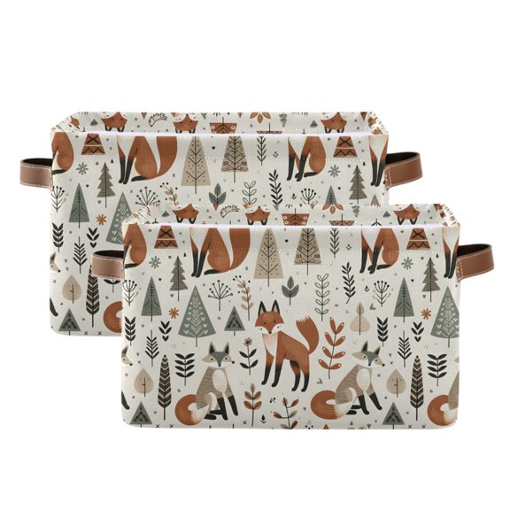 Foxes Trees Leaves Storage Bins with Handle Fabric Organizer Basket Foldable Box 2 Pack 14.2x10.2x8.3