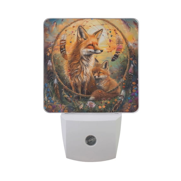 Foxes in Flower Ring Night Light 2 Pack LED Nightlight Plug into Wall Dusk to Dawn Sensor Soft White