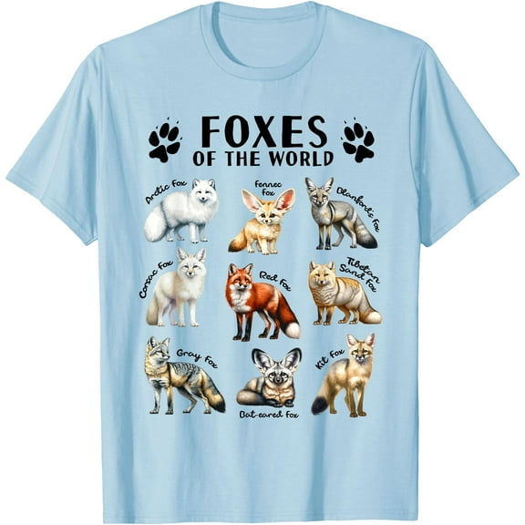 Foxes of the World Educational Collection Fox Types Animal Unisex T-Shirt for Men Women Kids,Light Blue Color,Size XL