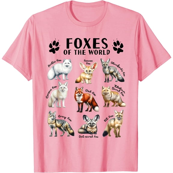 Foxes of the World Educational Collection Fox Types Animal Unisex T-Shirt for Men Women Kids,Light Pink Color,Size L