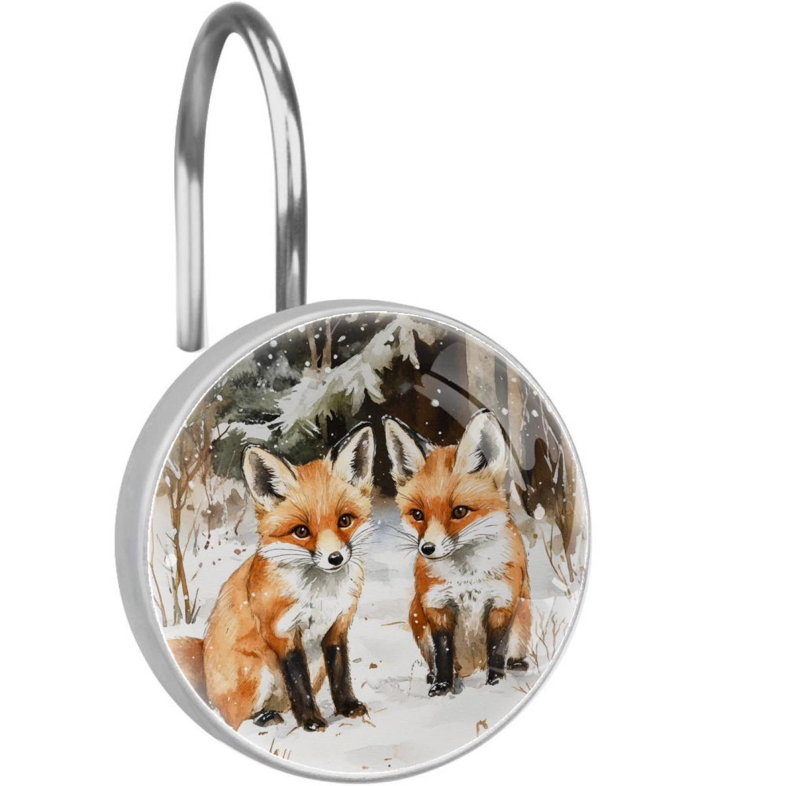 Foxes on Cold Forest Shower Curtain Hooks Round Crystal Glass, Set of 12 Shower Curtain Rings - Shower Hooks for Curtain Shower Rings