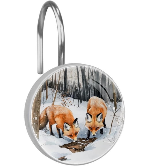 Foxes on Cold Snow Forest Shower Curtain Hooks Round Crystal Glass, Set of 12 Shower Curtain Rings - Shower Hooks for Curtain Shower Rings