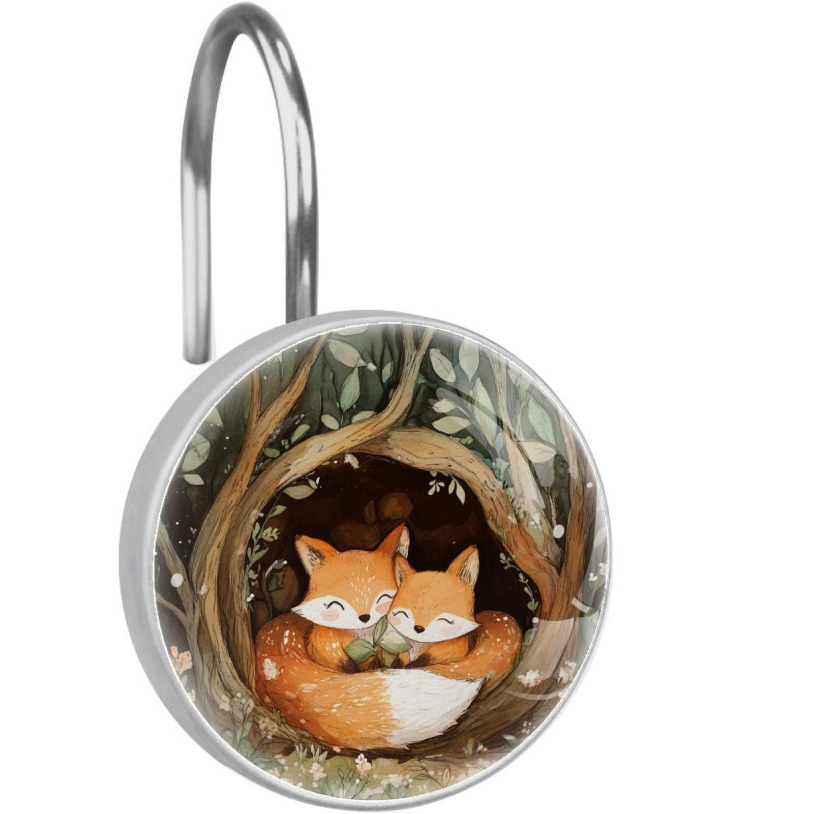 Foxes on Forest Cave Shower Curtain Hooks Round Crystal Glass, Set of 12 Shower Curtain Rings - Shower Hooks for Curtain Shower Rings