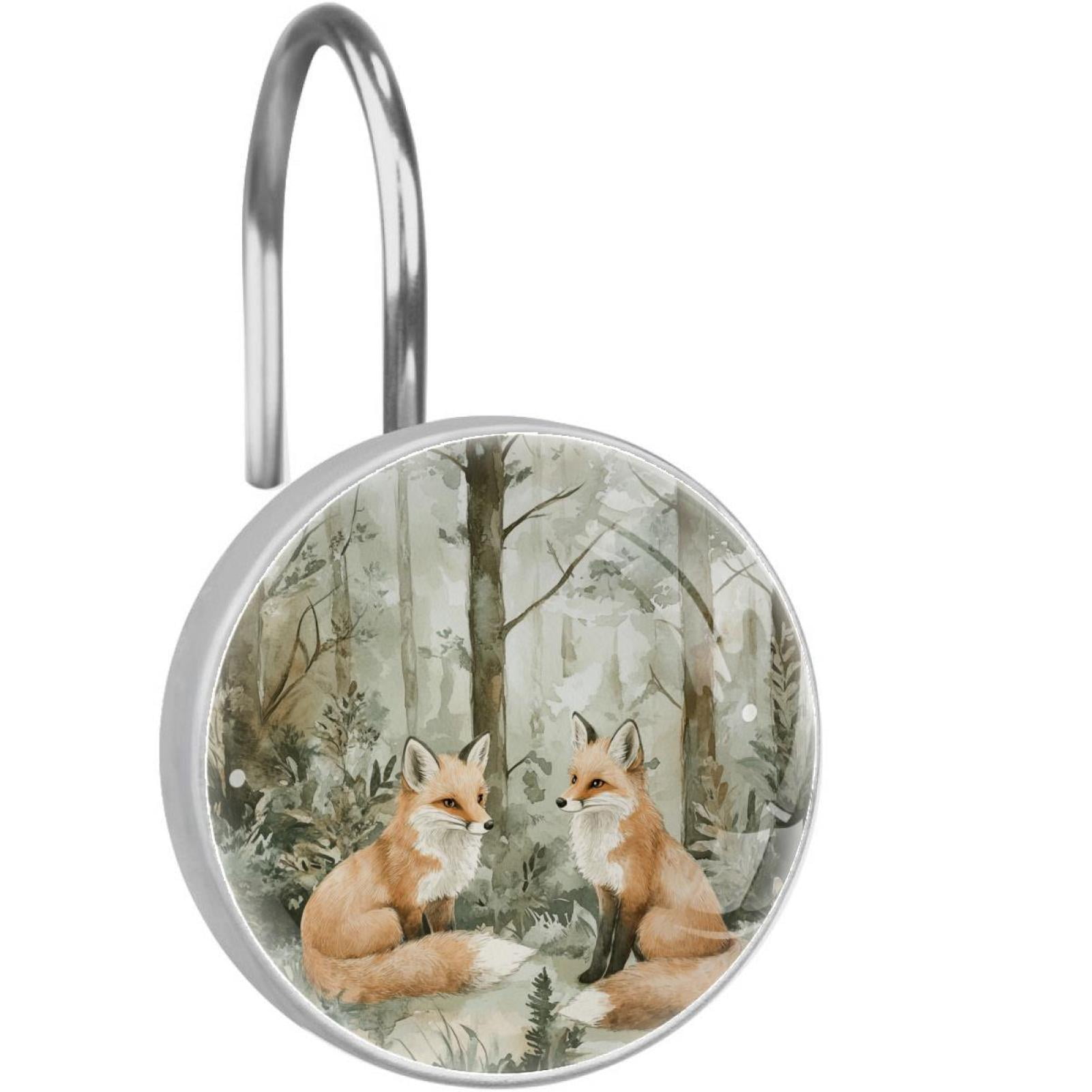 Foxes on Tree Forest Shower Curtain Hooks Round Crystal Glass, Set of 12 Shower Curtain Rings - Shower Hooks for Curtain Shower Rings