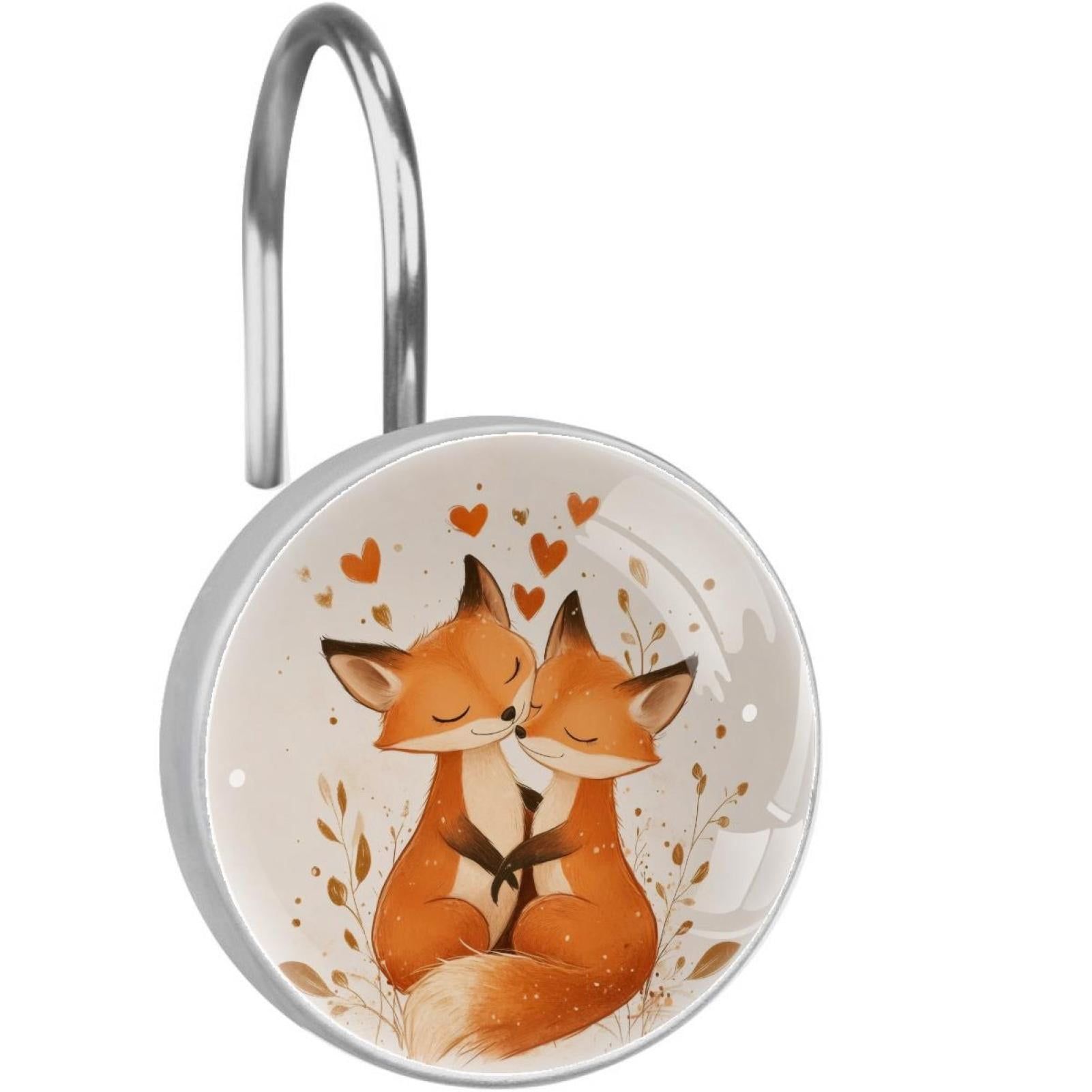 Foxes with Hearts Shower Curtain Hooks Round Crystal Glass, Set of 12 Shower Curtain Rings - Shower Hooks for Curtain Shower Rings