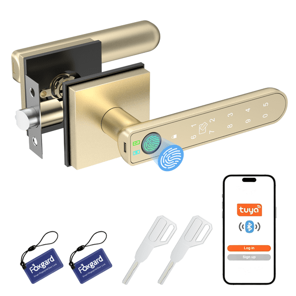 Foxgard Gold Fingerprint Door Lock with Keypad and Fingerprint, Keyless Entry Electronic Door Knob for Home, Easy to Install