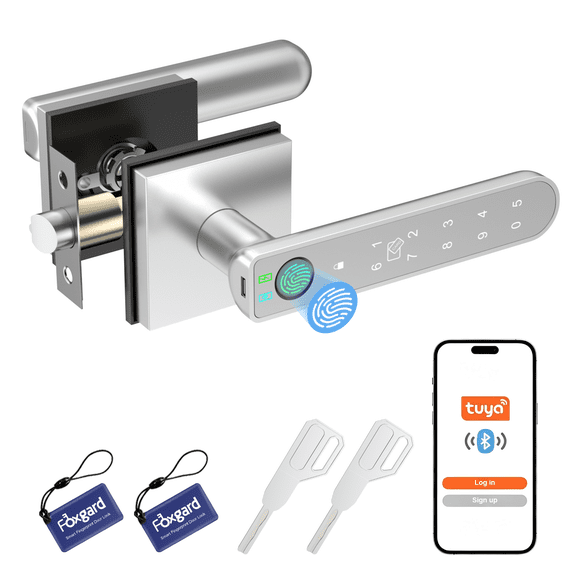 Foxgard Silver Fingerprint Door Lock with Keypad and Fingerprint, Keyless Entry Electronic Door Knob for Home, Easy to Install