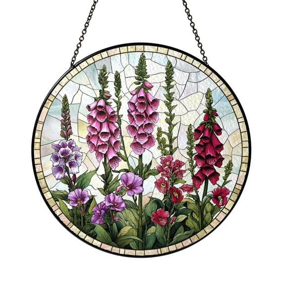 Foxglove Bloom Floral Stained Glass Window Hanging, Round Decorative Art Glass Panel Accent