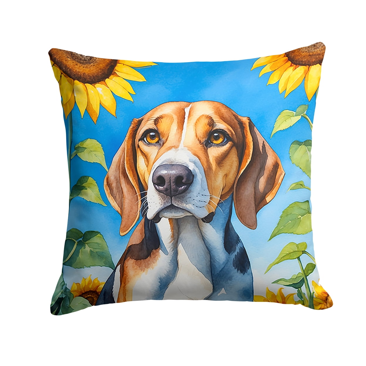 Foxhound in Sunflowers Throw Pillow 18 in x 18 in