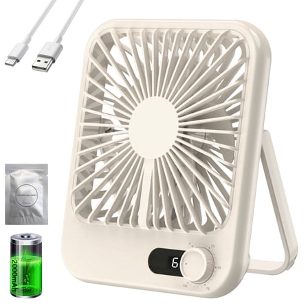 Hoolife Small Desk Fan, 100-Speed USB Rechargeable Desktop Fan for Table Home Office Camping Travel, Beige