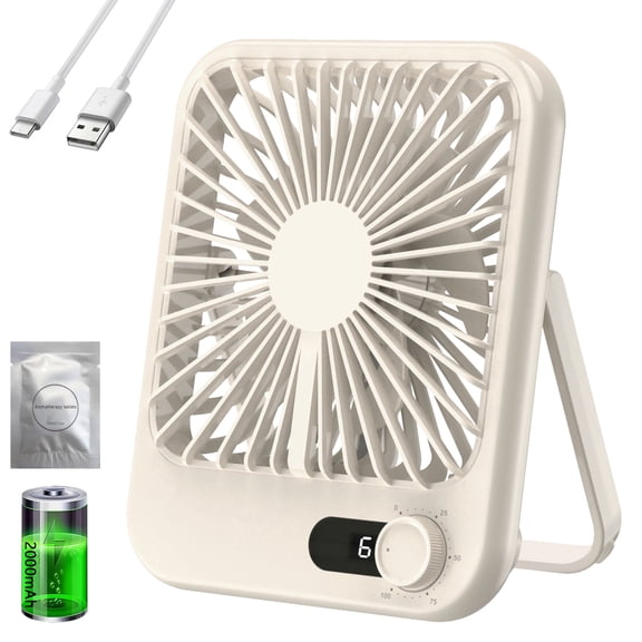 Hoolife Small Desk Fan, 100-Speed USB Rechargeable Desktop Fan for Table Home Office Camping Travel, Beige