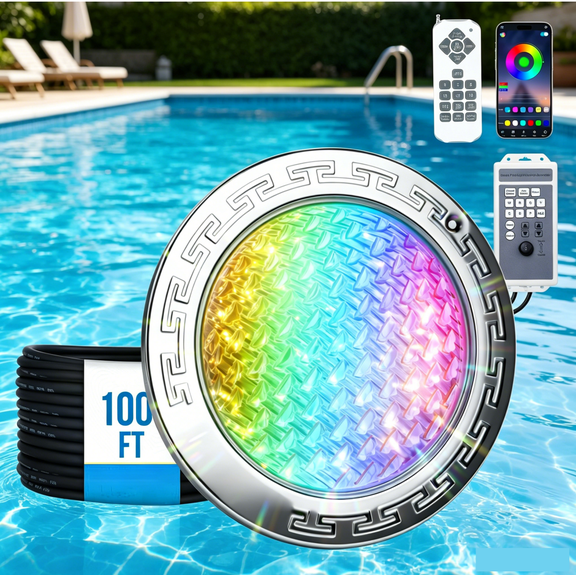 Foxlux 10-Inch Pool Lights for Inground Pools, 60W, AC120V, RGB LED Color-Changing Underwater Light,100ft Cable with Controller, Remote & APP Control, IP68 Waterproof