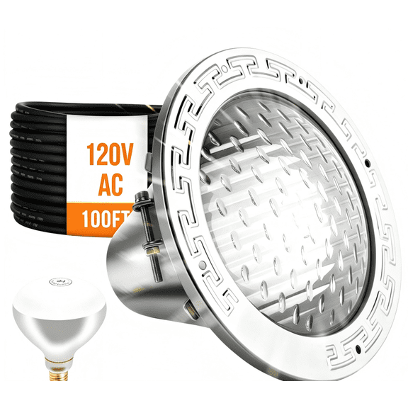 Foxlux AC120V 10-Inch Pool Light for Inground Pool, Stainless Steel Housing, Includes 2 x 500W Incandescent Bulbs, 100ft Cord, Replacement Pentair Amerlite & Hayward AstroLite, Fits 10'' Pool Niche