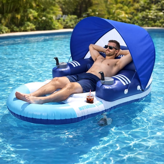 Foxlux Motorized Pool Float with Canopy, Updated Rechargeable Motorized Floats with Cup Holder – Dual Motor Heavy Duty Electric Lounger Raft for Adults, Pool, Lake & Party