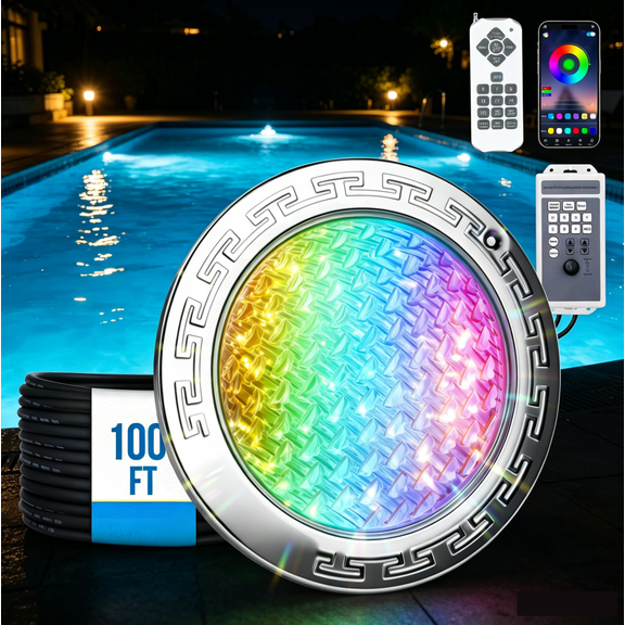 Foxlux Pool Lights for Inground Pool, 60W AC 120V 10 Inch RGB Color LED Inground Pool Light with Controller, Remote and APP Control for Wet Niche, Underwater Swimming Pool Lights, 100 Feet Cord