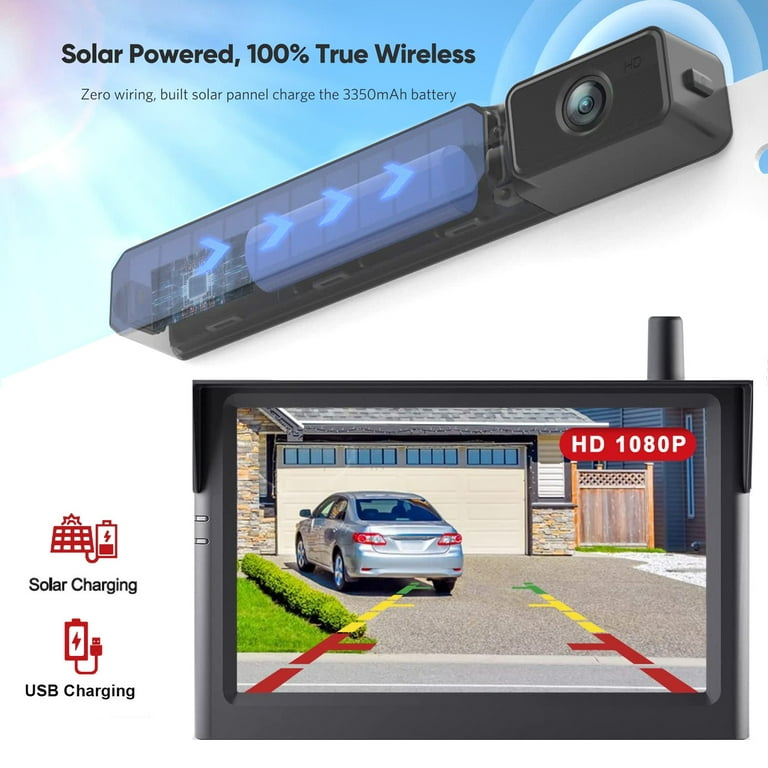 Magnetic Solar Wireless Backup Camera with HD1080P 5 Inch Monitor,  Rechargeable Waterproof IR Night Vision Camera, No Wiring No Drilling, for